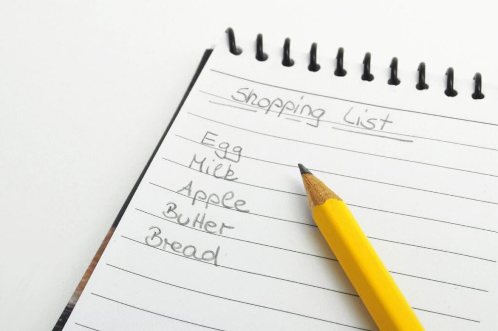 Shopping list with a pencil.