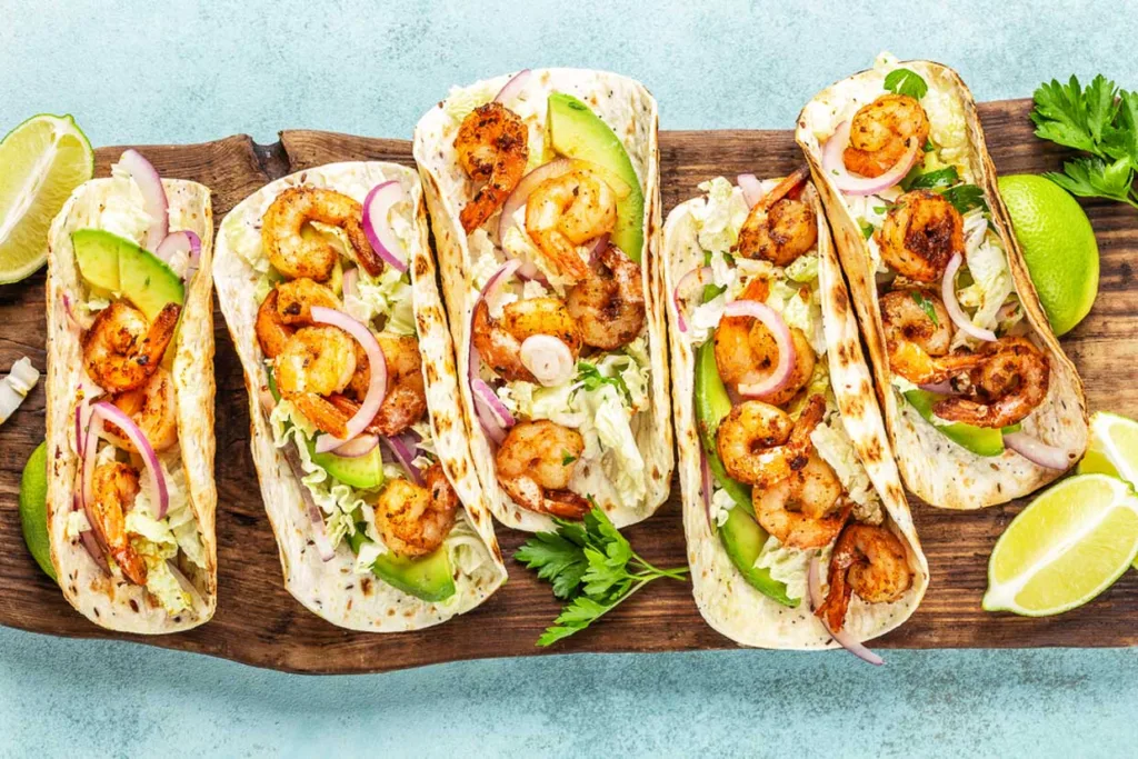 Shrimp tacos on a platter.