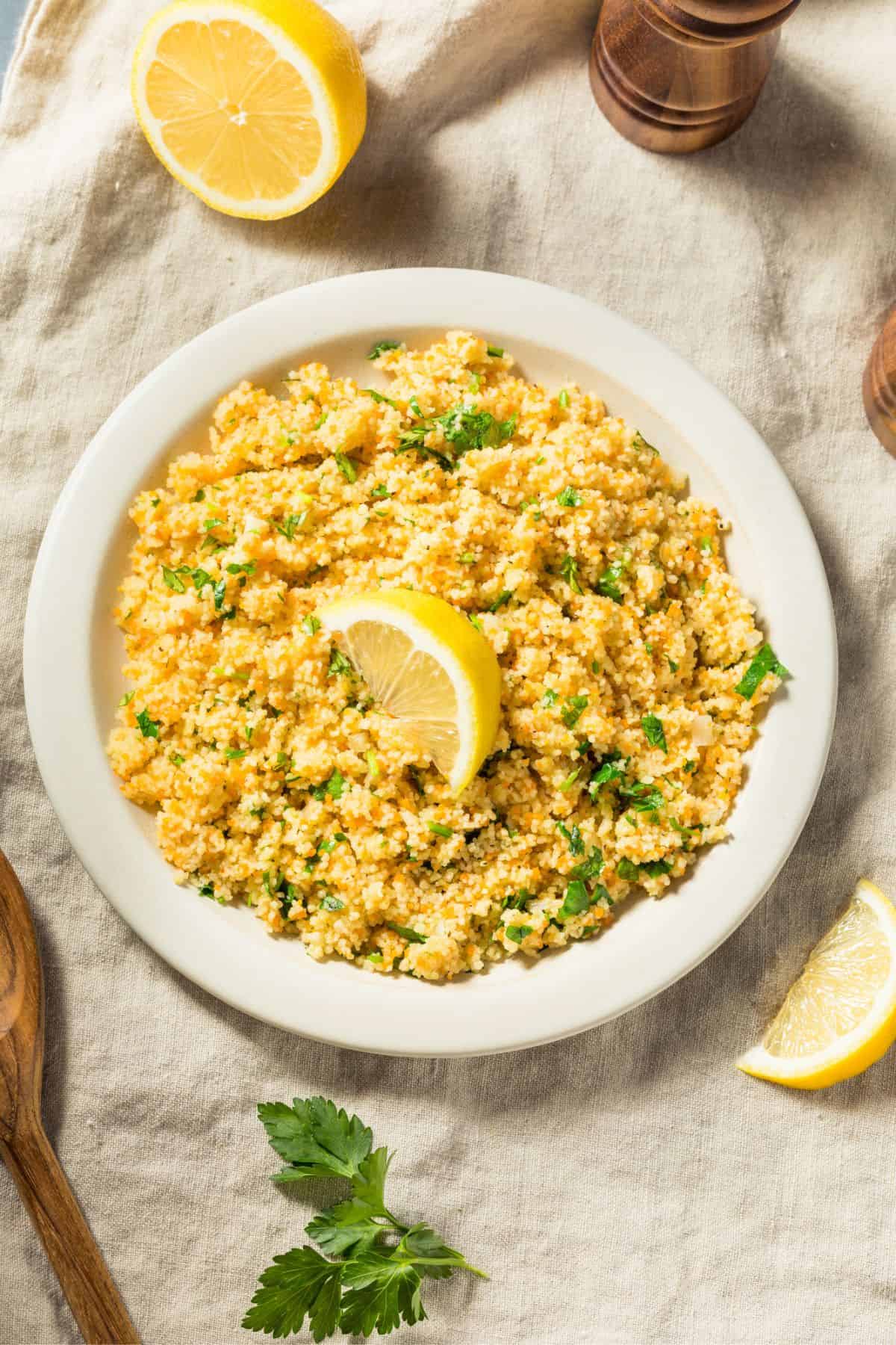 Homemade Healthy Butter and Herb Couscous with Lemon.