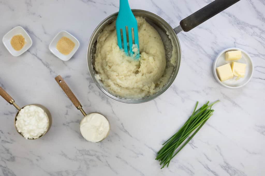 Prepared boxed mashed potatoes.