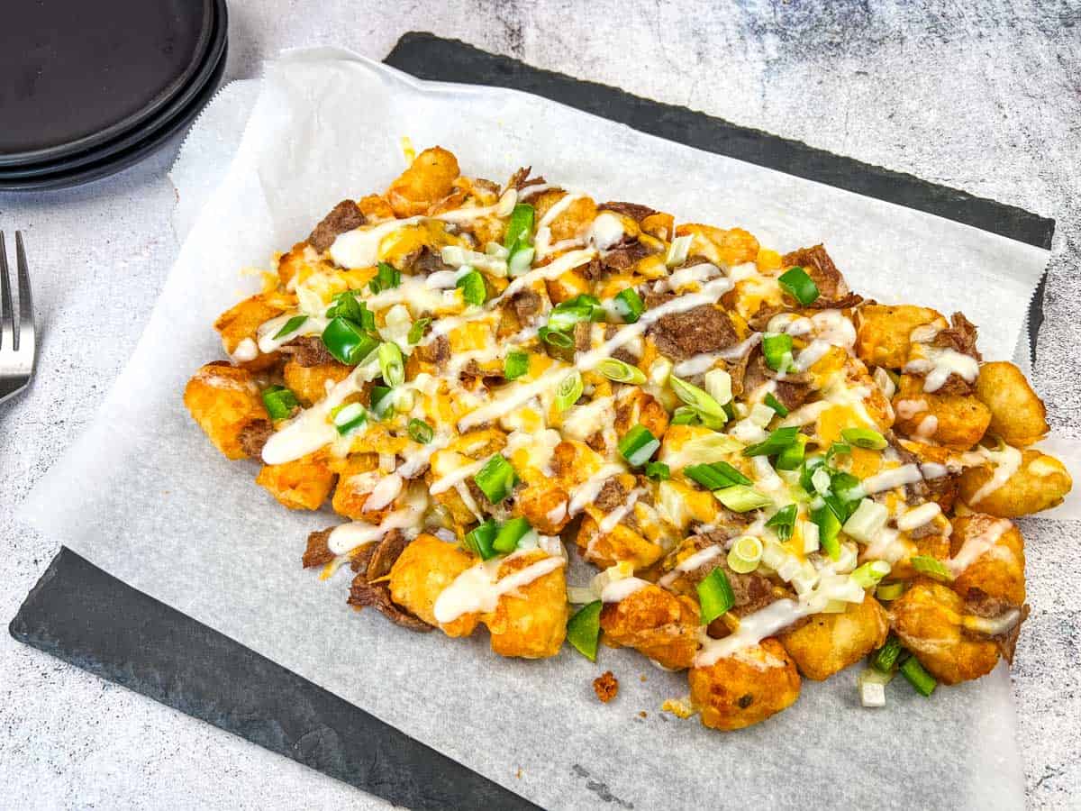 Copycat Domino’s Philly Cheesesteak Loaded Tots close up shot.