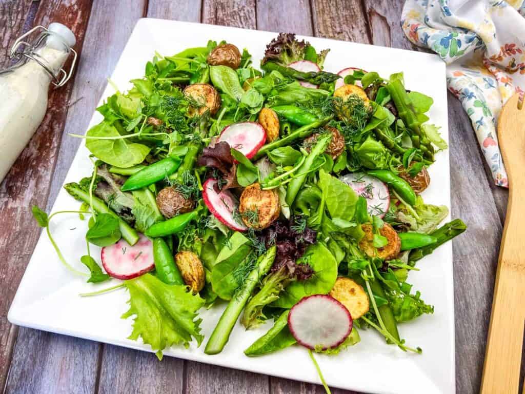 Spring salad on a white plate.