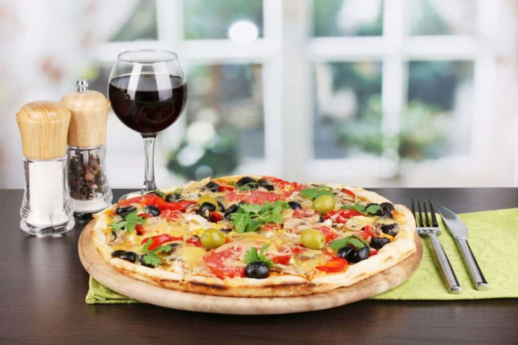 Pizza with wine.