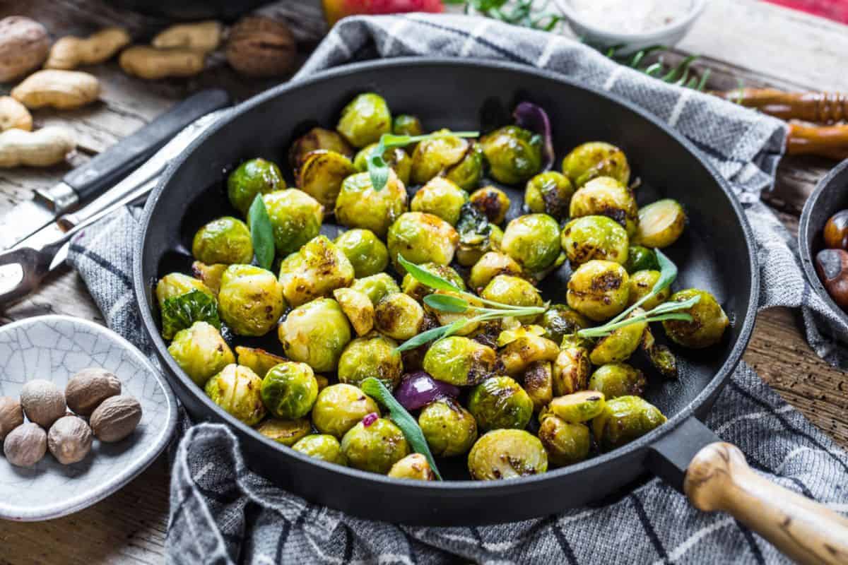 Healthy organic brussels sprouts in a pan.