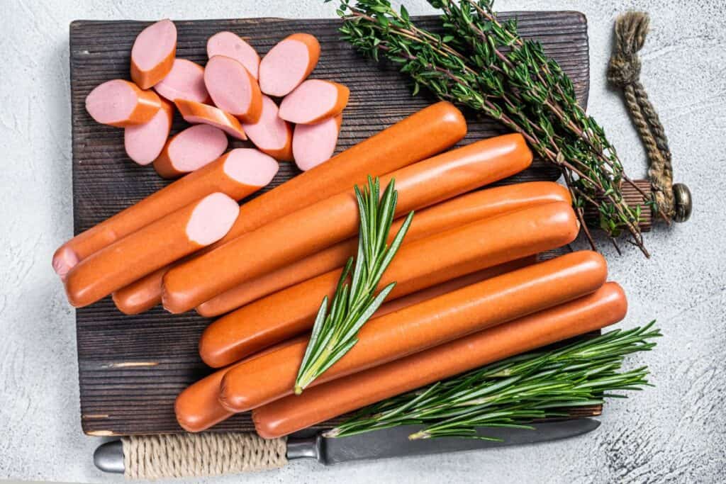 German raw Frankfurter sausages on a wooden board.