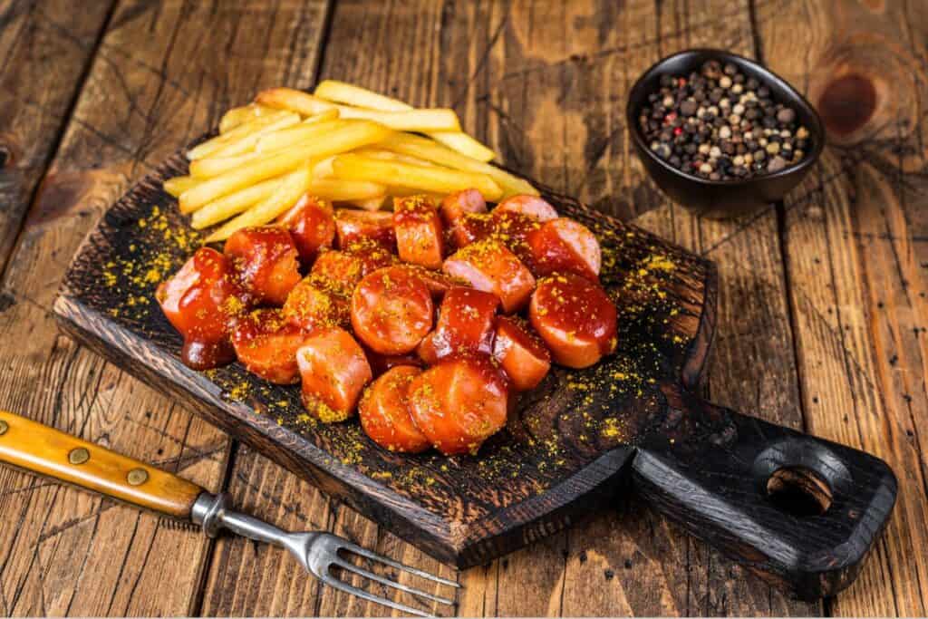 Currywurst Sausages street food served with French fries on a wooden board. 