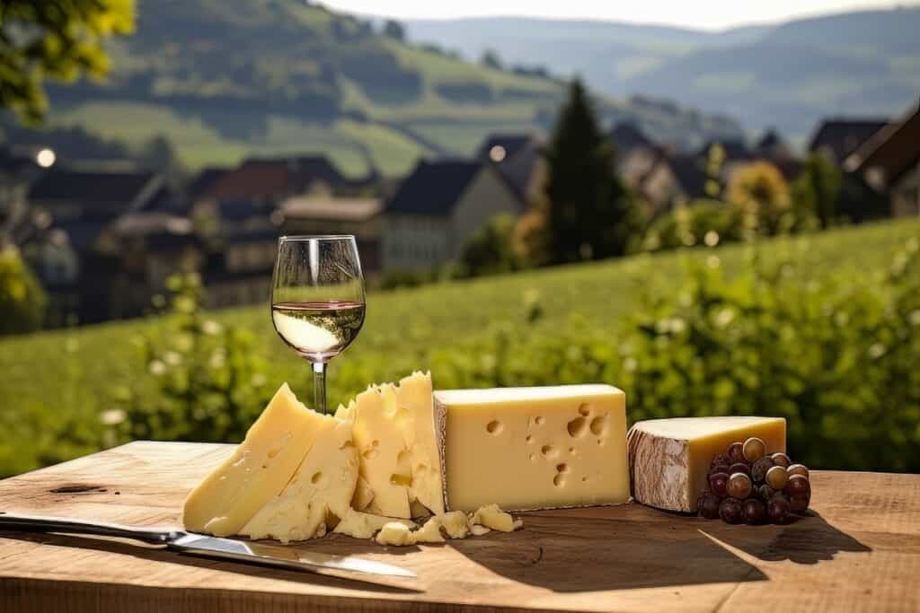 Cheese and wine on a wooden table.