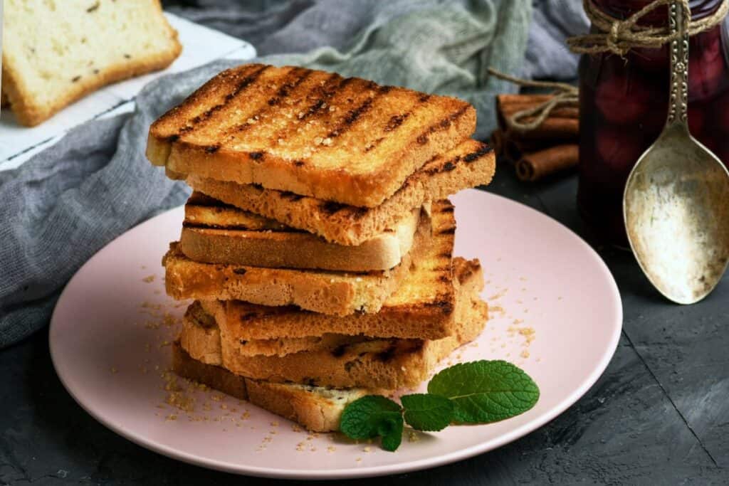 Vegan French toast on a ceramic plate.