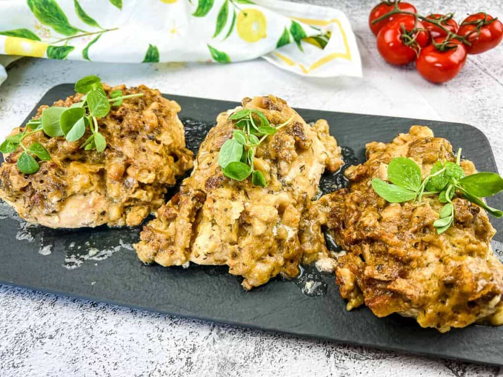 4-ingredient chicken on a black platter with tomatoes in the background.