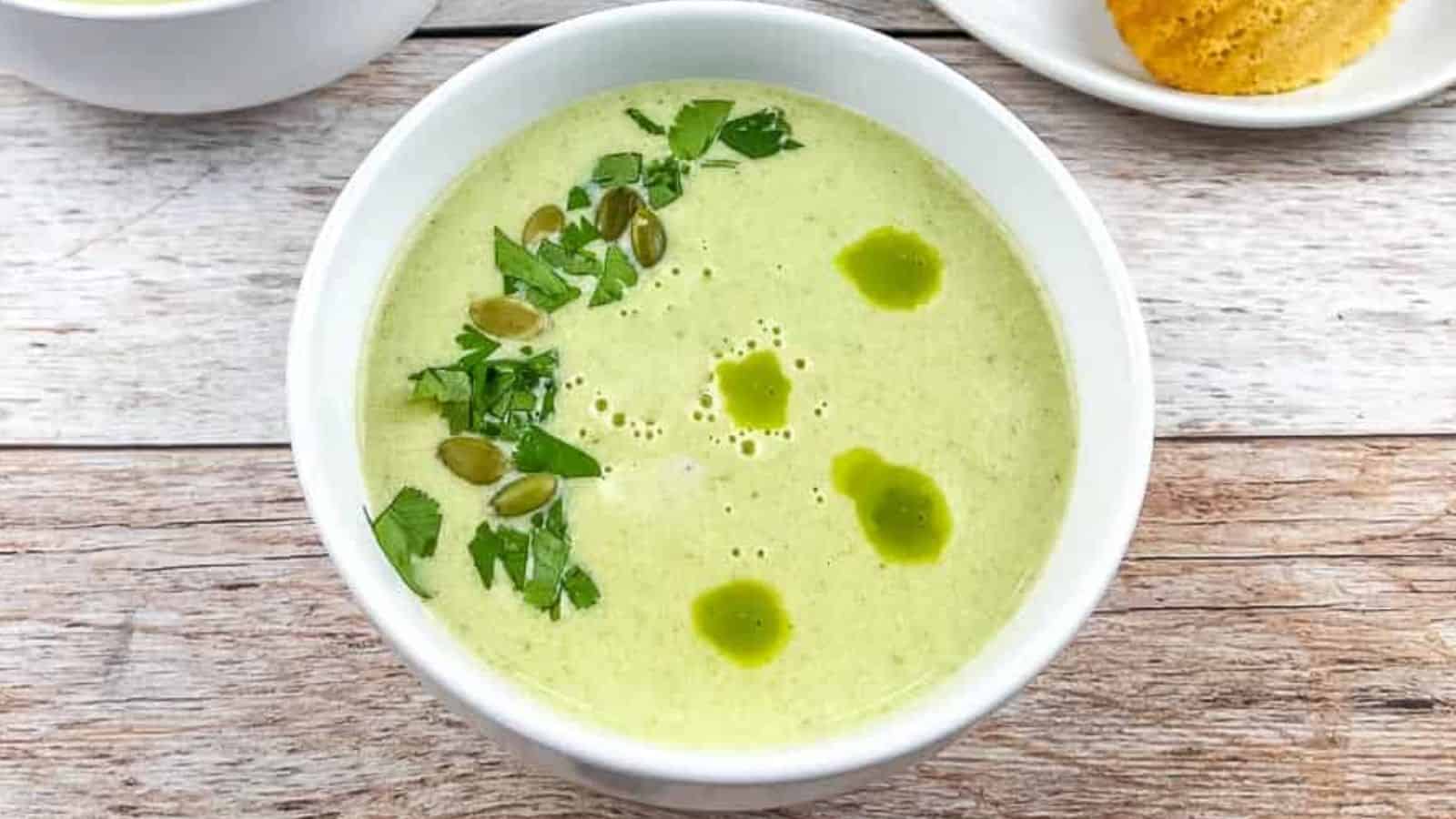 A bowl of cream of jalapeno soup.