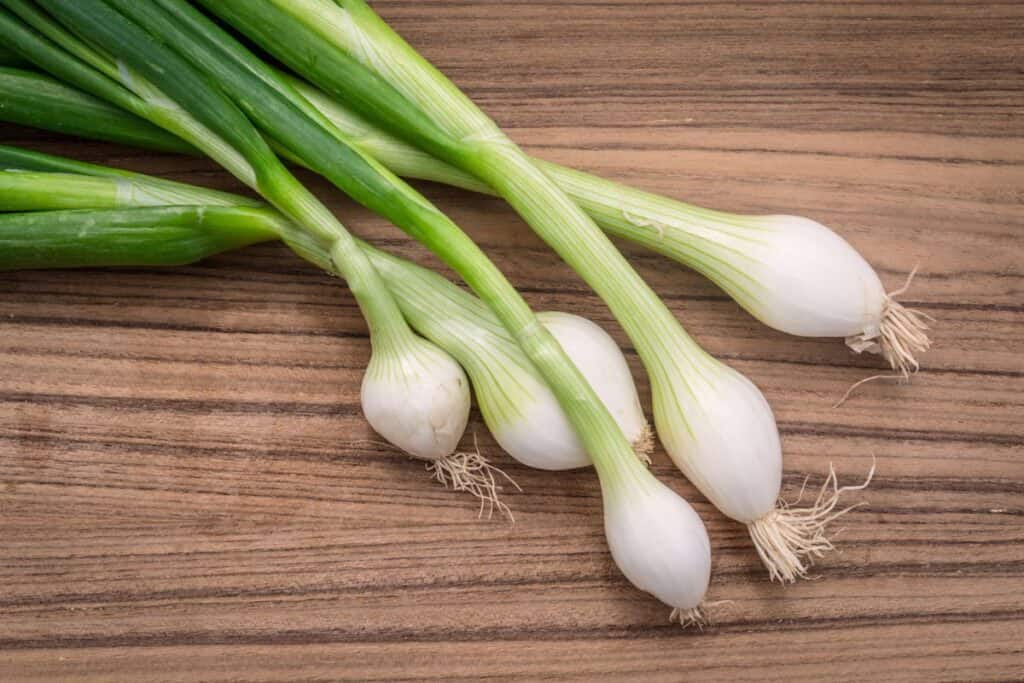 Scallions on a dark wooden table.