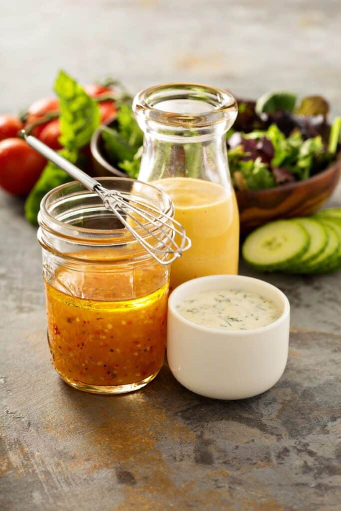 Variety of sauces and salad dressings.