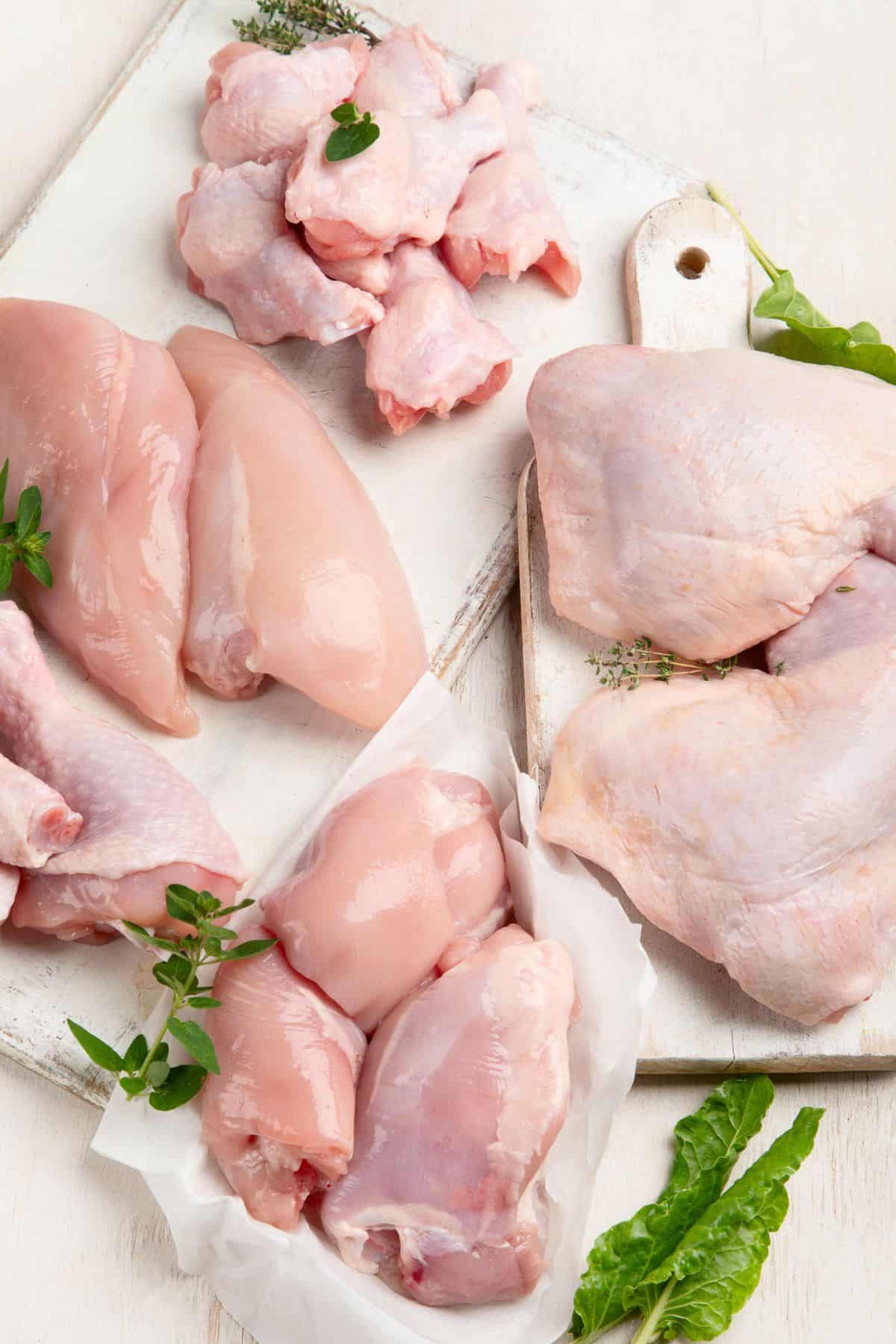 Raw chicken meat fillet, thigh, wings, and legs on a chopping board.