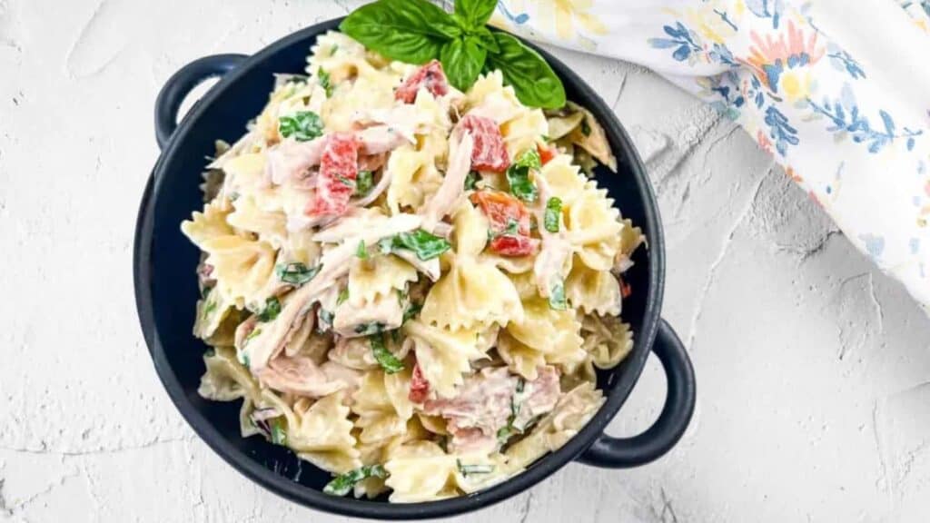 A bowl of Rotisserie Chicken Pasta Salad.