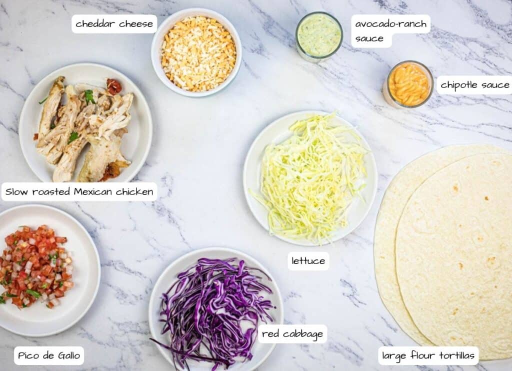 Copycat Taco Bell Cantina Chicken Burrito ingredients with labels.