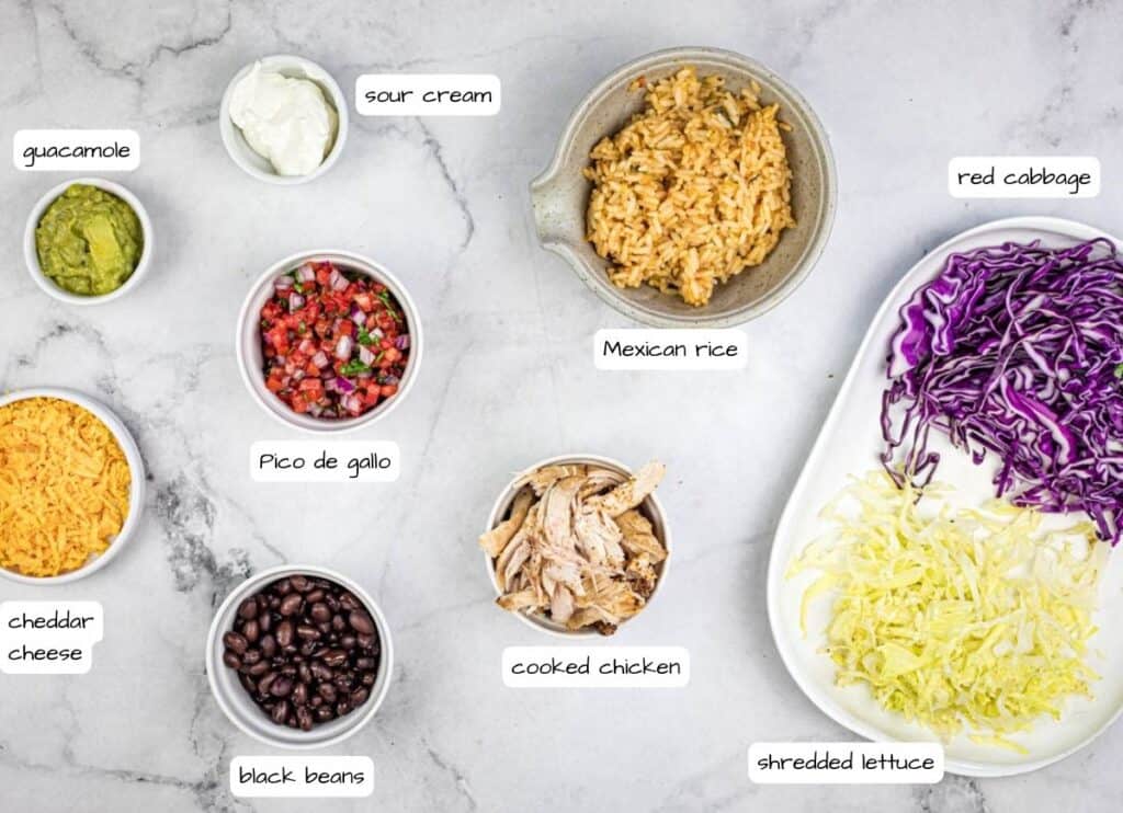 Taco Bell Cantina Chicken Bowl ingredients with labels.