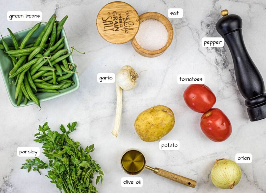 Greek Green Beans ingredients with labels.