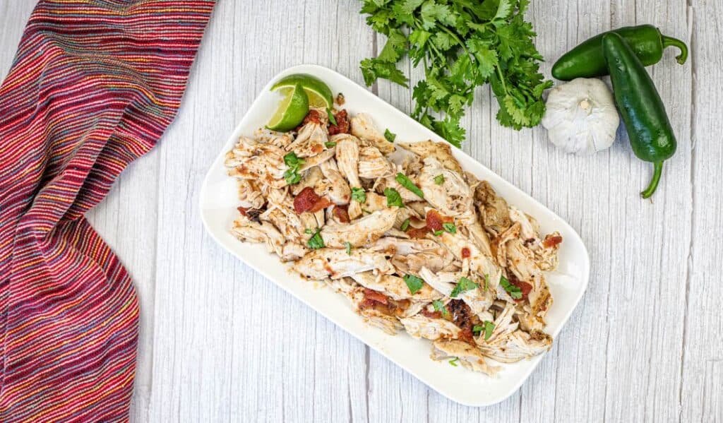 Top-down shot of Mexican Slow Roasted Chicken on a white plate.