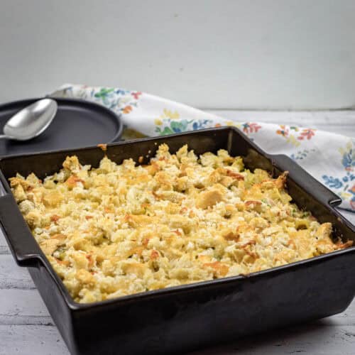 A tray of Classic Tuna Noodle Casserole.