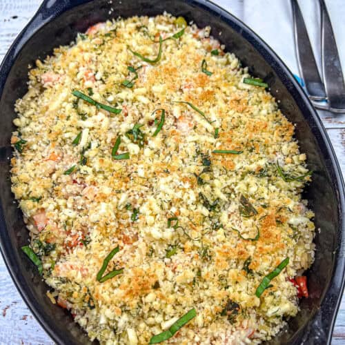 Greek Shrimp & Rice on a casserole dish.