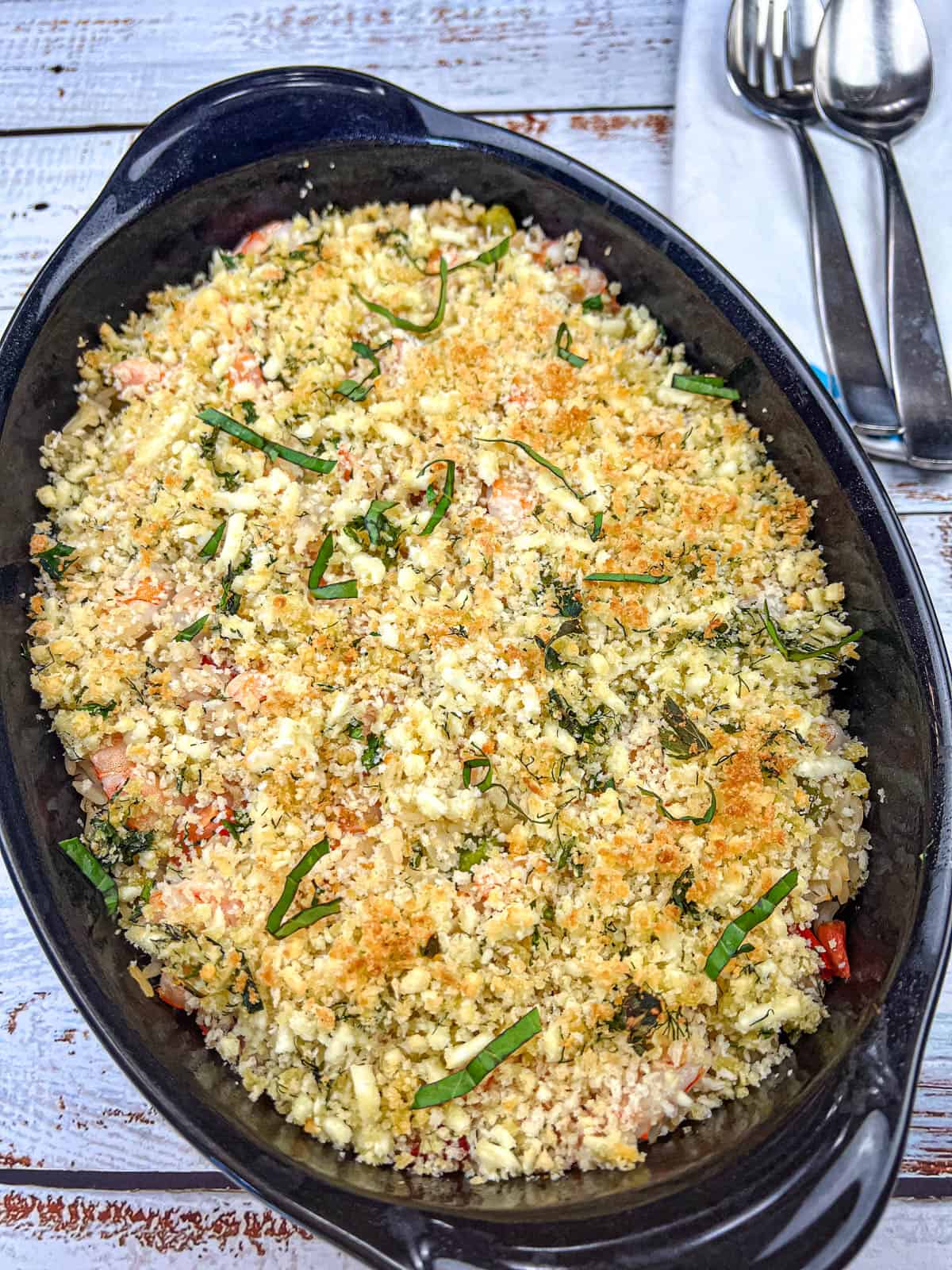 Greek Shrimp & Rice on a casserole dish.