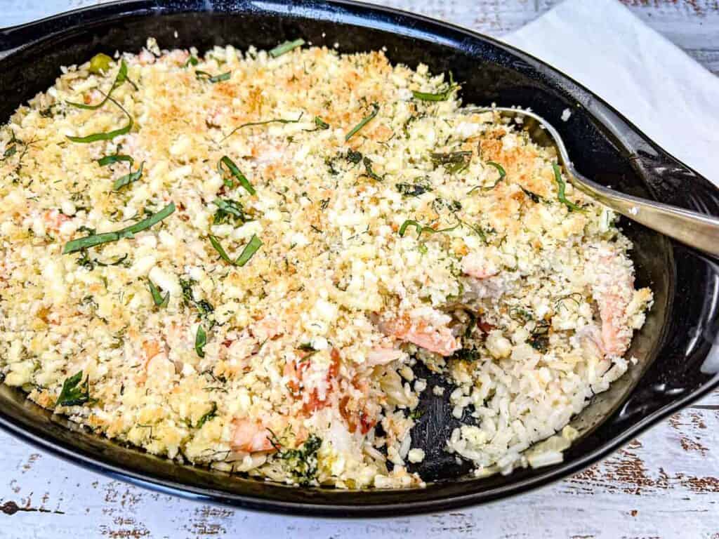 Greek Shrimp and Rice on a casserole dish.