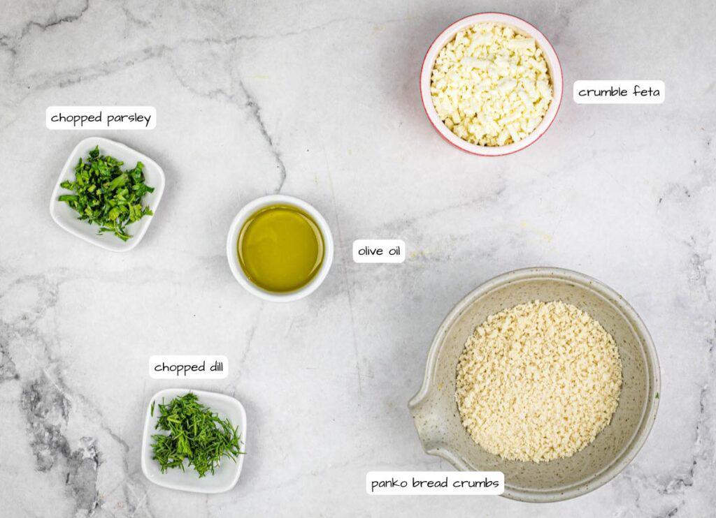 Greek Shrimp and Rice crumb topping ingredients with labels.