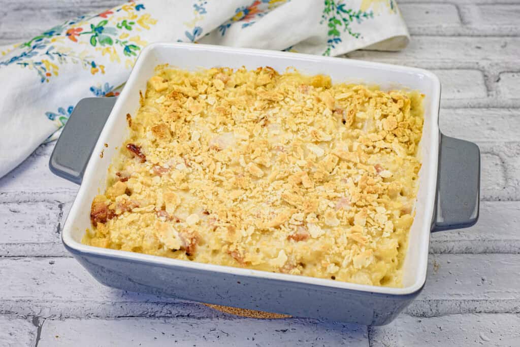 Old Fashioned Mac & Cheese on a casserole dish.