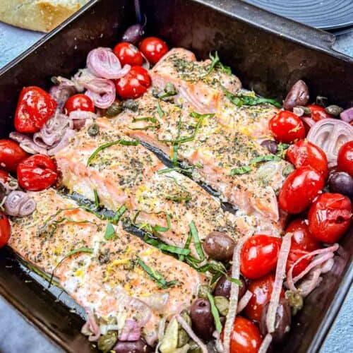 Greek salmon on a pan.