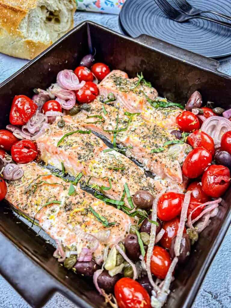 Greek salmon on a pan.