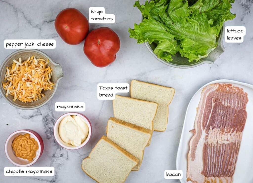 Texas BLT ingredients with labels.