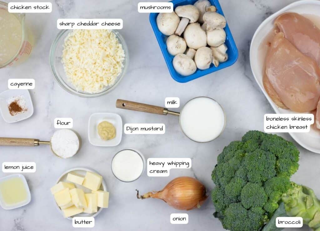 Chicken divan ingredients with labels.