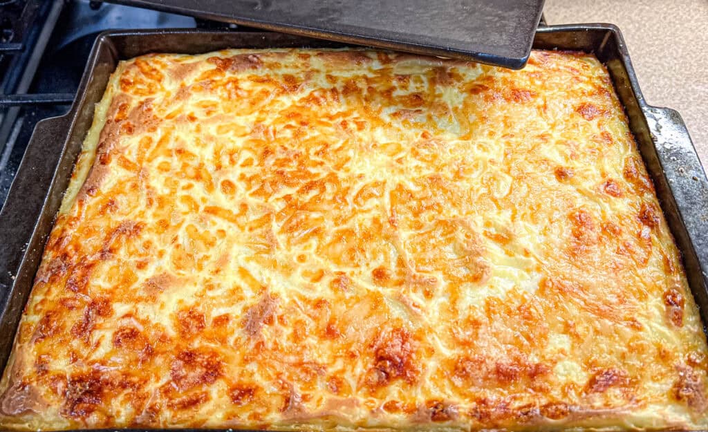 Close-up shot of Pastitsio on a tray.