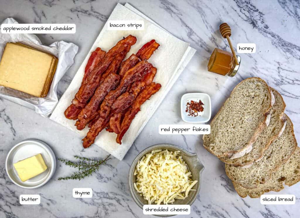 Bacon Grilled Cheese Sandwiches with Hot Honey Butter ingredients with labels.