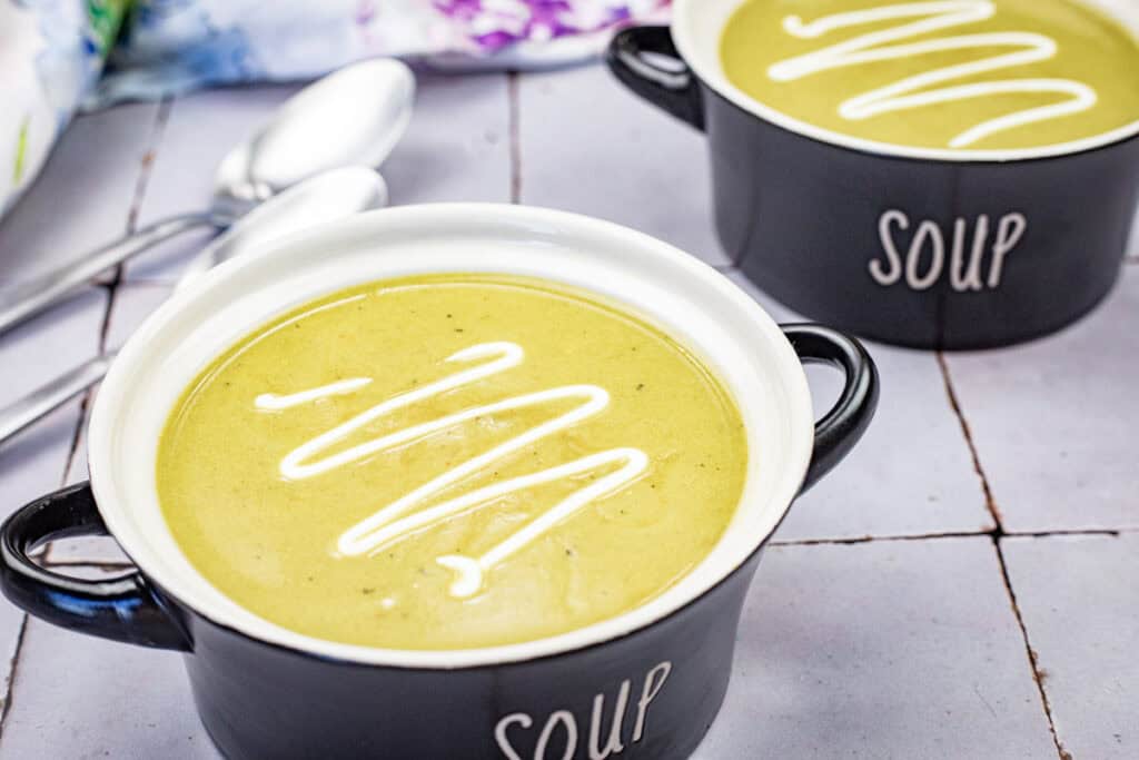 Close-up Cream of Poblano Soup on a bowl.