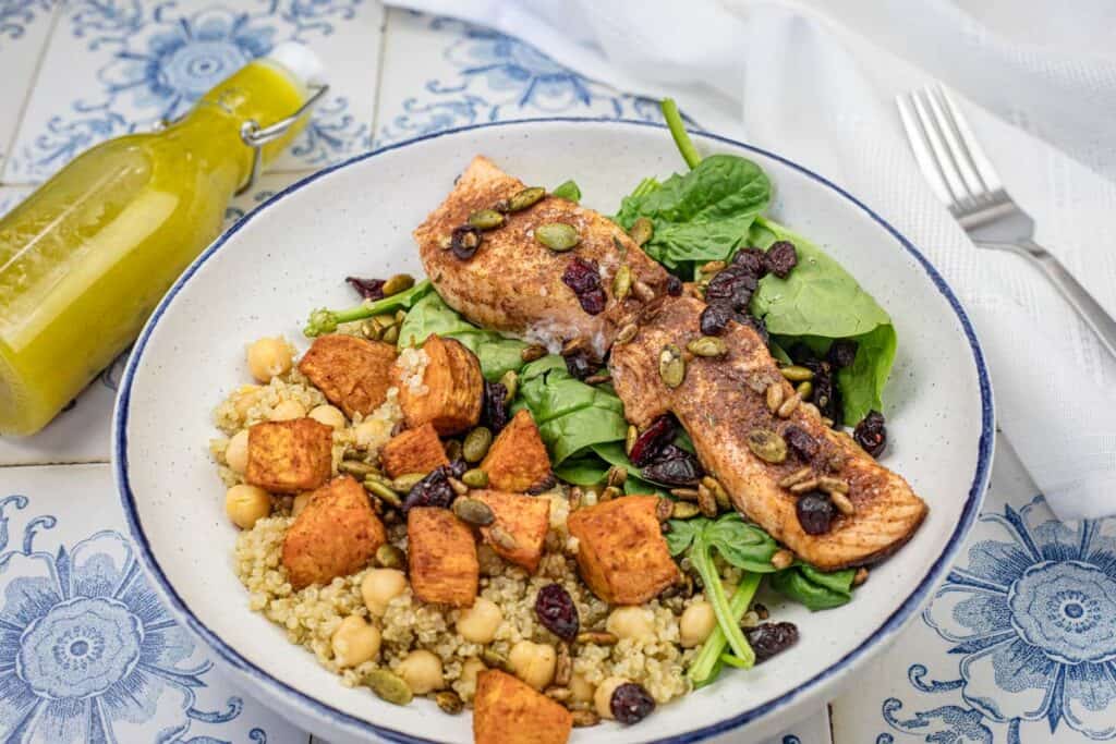 A plate of a Salmon bowl.