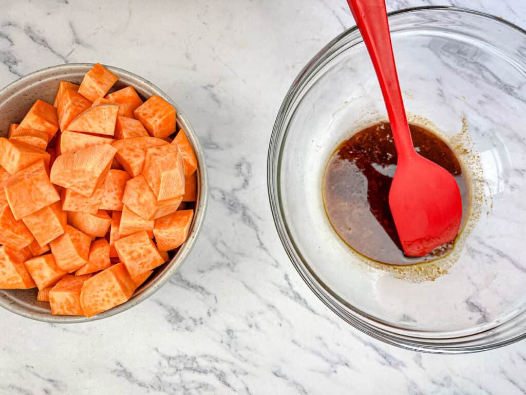 Toss sweet potatoes with oil, chili powder, orange zest, and salt in a large bowl.