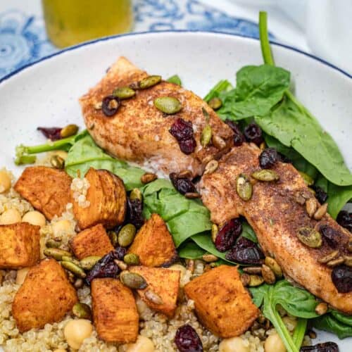 Salmon bowl on a white and blue plate.