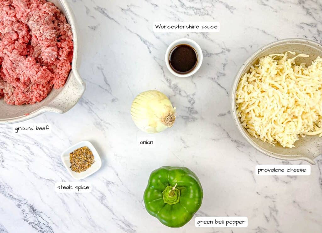 Ground Beef Philly Cheesesteak ingredients with labels.