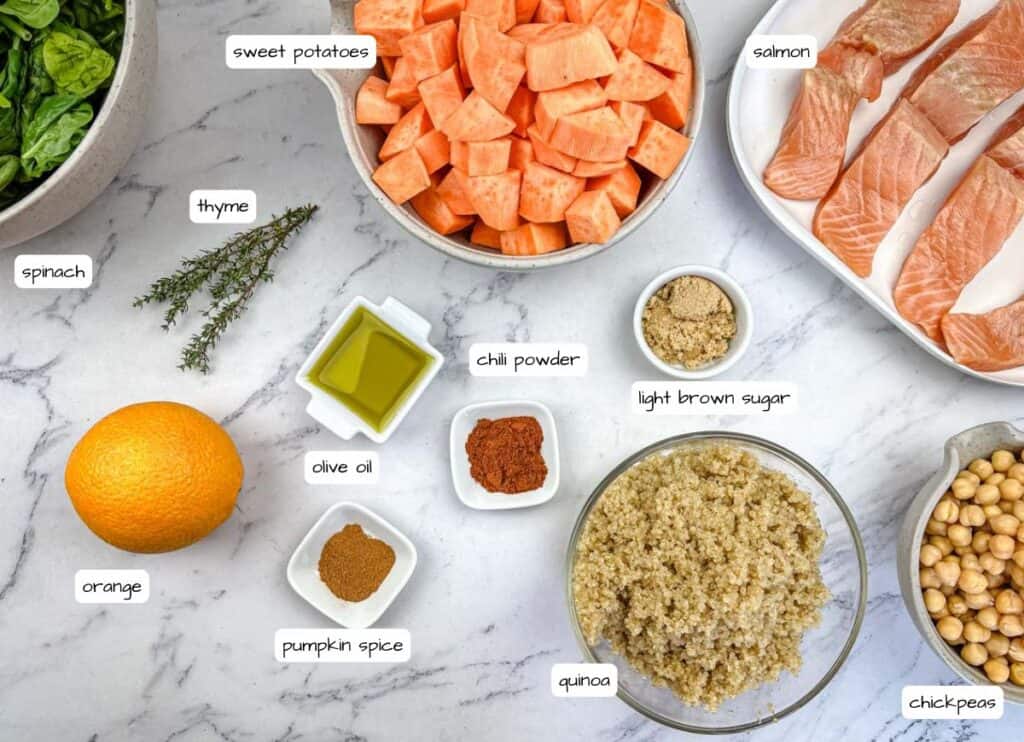 Salmon Bowl ingredients with labels.