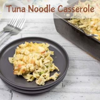 Tuna Noodle Casserole on a black plate.
