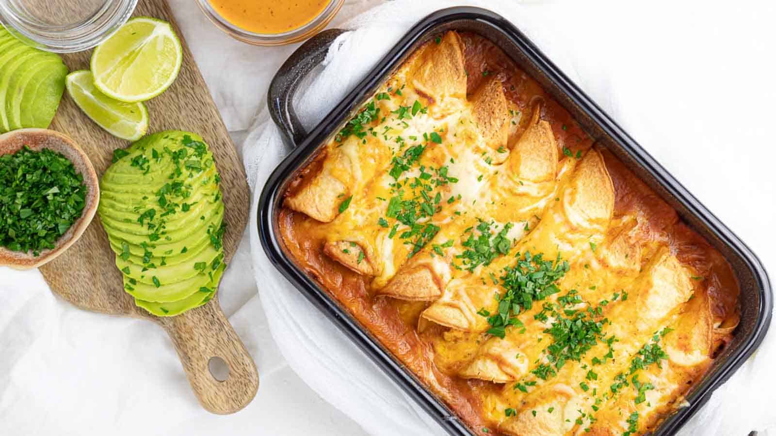 Enchilada in a black casserole.