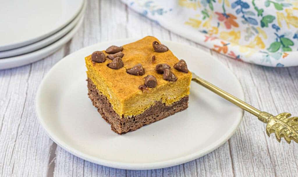 A square piece of pumpkin brownies sprinkled with chocolate chips, placed on a white plate.