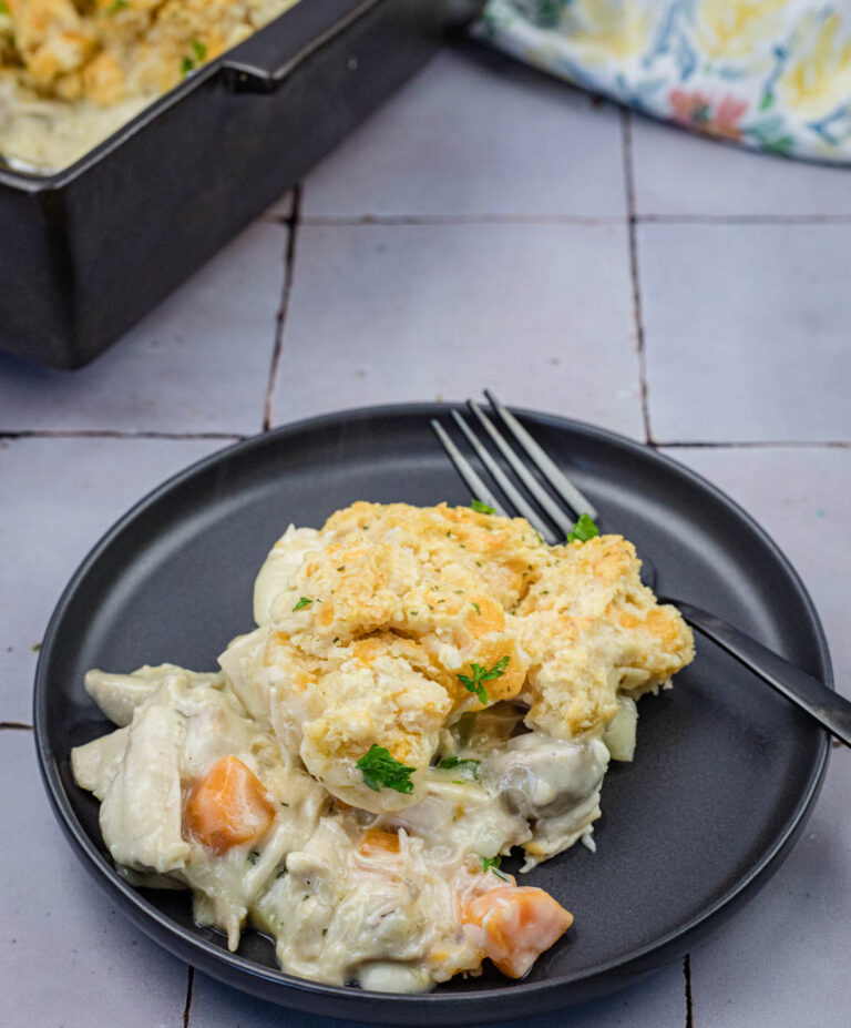 A plate of Chicken Cobbler with Red Lobster Biscuit.