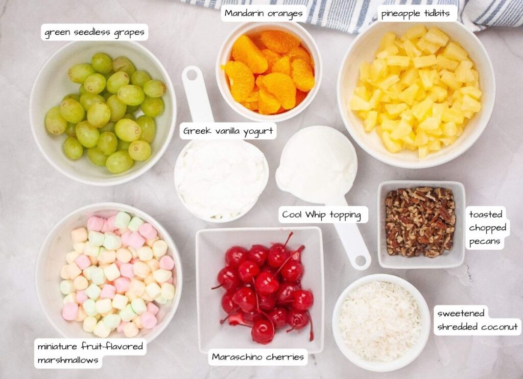 Ambrosia Salad ingredients labeled.