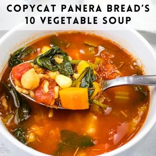 A spoonful of Copycat Panera Bread’s 10 Vegetable Soup from a white bowl.