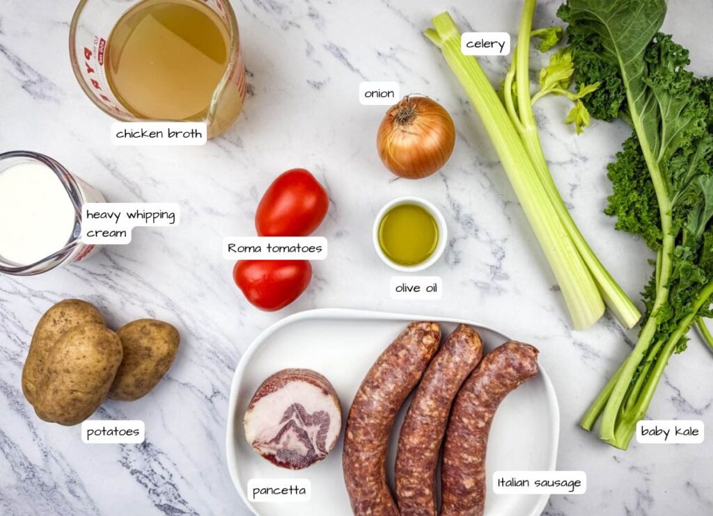 Tuscan Soup with Sausage Kale ingredients labeled.