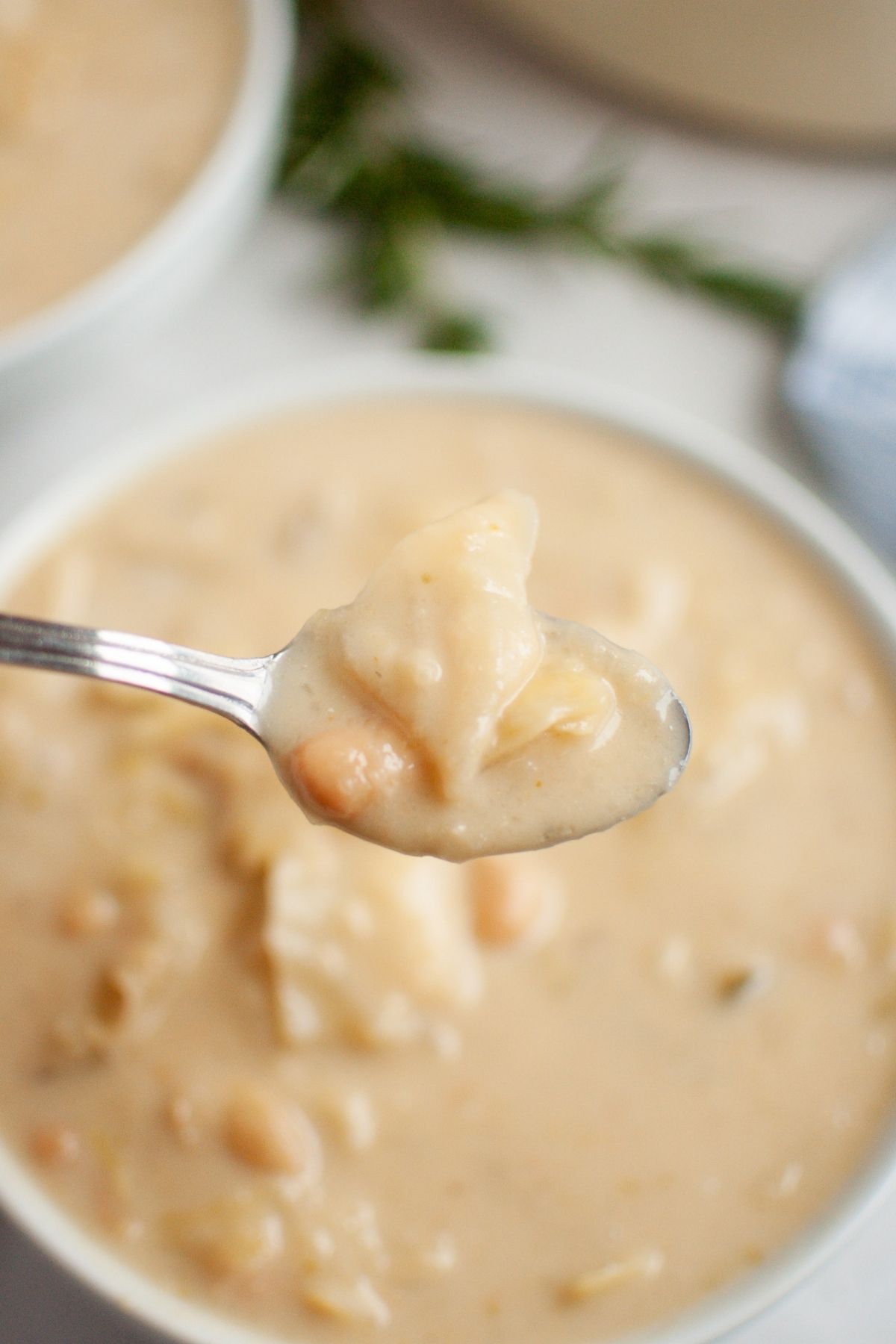 Close-up of a spoon holding a portion of creamy Cabbage and Bean Soup. The bowl of soup is partially visible in the background.