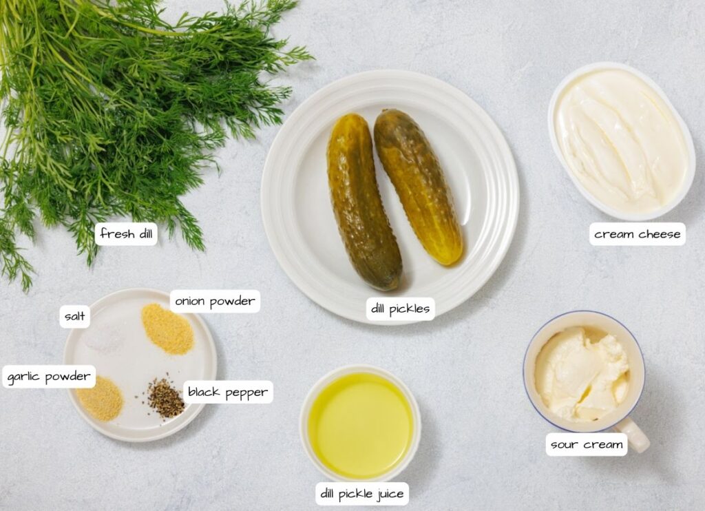 Ingredients on a table include fresh dill, two dill pickles on a plate, cream cheese, sour cream, dill pickle juice, and a plate with salt, onion powder, garlic powder, and black pepper.