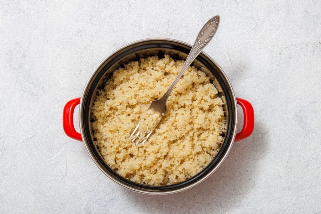 A pot with cooked quinoa and a fork, placed on a light gray surface. The pot has red handles.